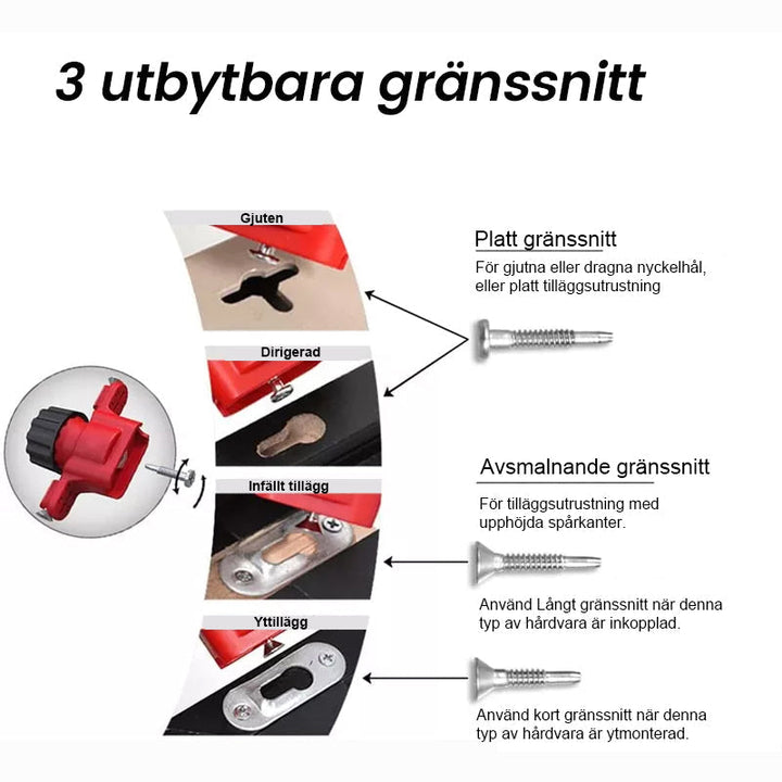 "Nyckelhålsmärkningsverktyg för exakt montering, blått och grått, visas med mätmarkeringar mot vit bakgrund."