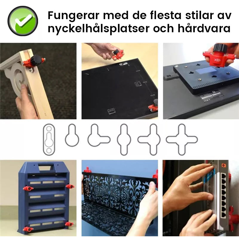 "Nyckelhålsmärkningsverktyg för exakt montering, blått och grått, visas med mätmarkeringar mot vit bakgrund."