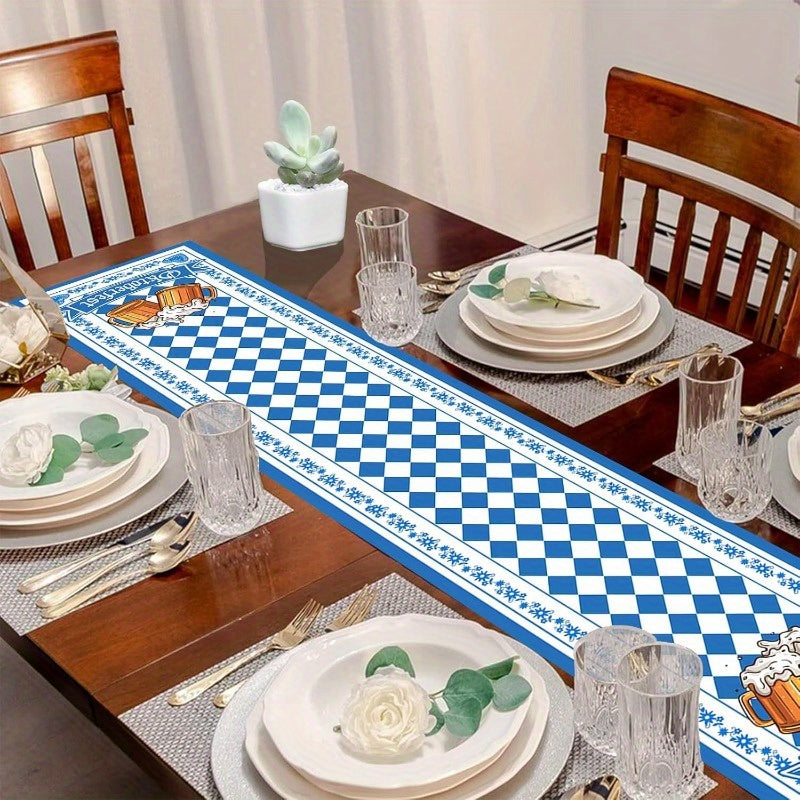 Blåvit rutig bordslöpare för Oktoberfest. Bayersk festdekoration i polyester, perfekt för temadukning.