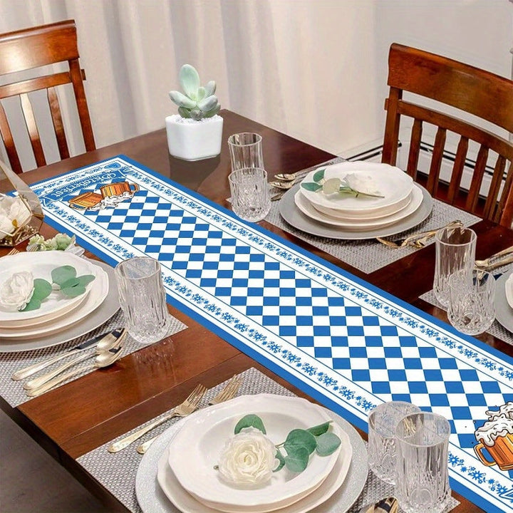 Blåvit rutig bordslöpare för Oktoberfest. Bayersk festdekoration i polyester, perfekt för temadukning.