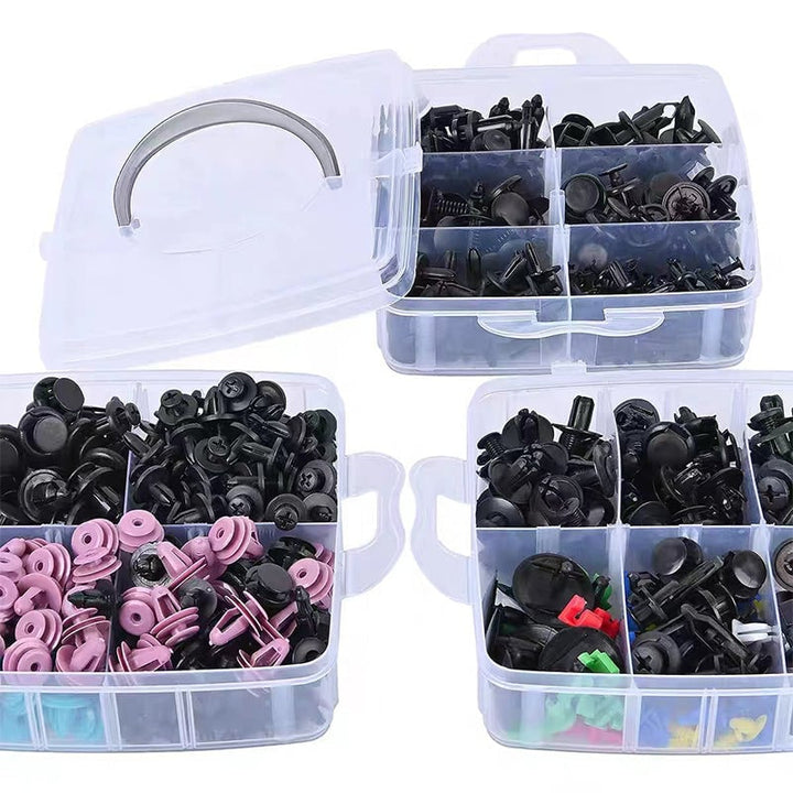 "Omfattande bilklämmor och fäste verktygset 725 delar i slitstark svart nylon, organiserad i plastlåda för bilreparationer."