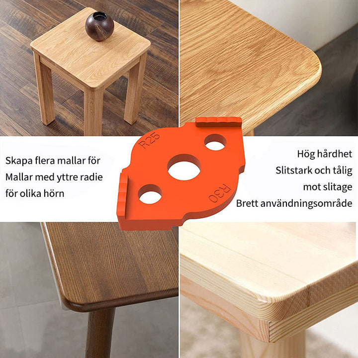 "Orange överfräsmallar för träbearbetning i 8 storlekar, hållbart material, perfekt för jämna och precisa hörn i trädetaljer.