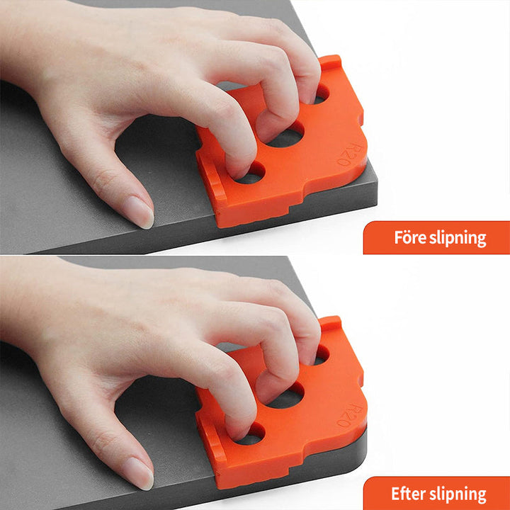 "Orange överfräsmallar för träbearbetning i 8 storlekar, hållbart material, perfekt för jämna och precisa hörn i trädetaljer.