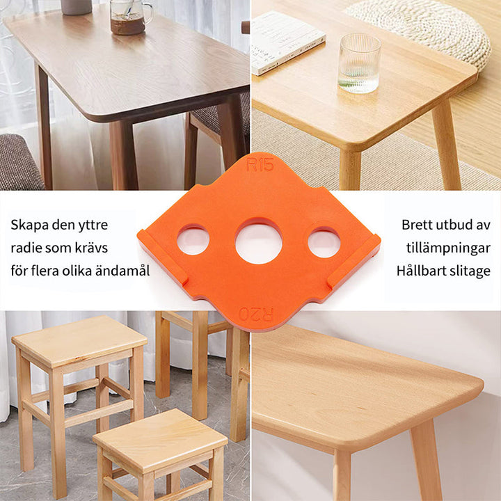 "Orange överfräsmallar för träbearbetning i 8 storlekar, hållbart material, perfekt för jämna och precisa hörn i trädetaljer.