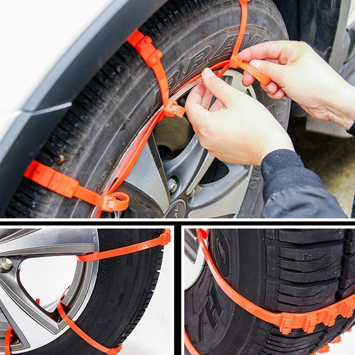 "Orange universella antisladd snökedjor för bilar i TPU, maximerar grepp på snö och is, passar däck 195-295 mm."