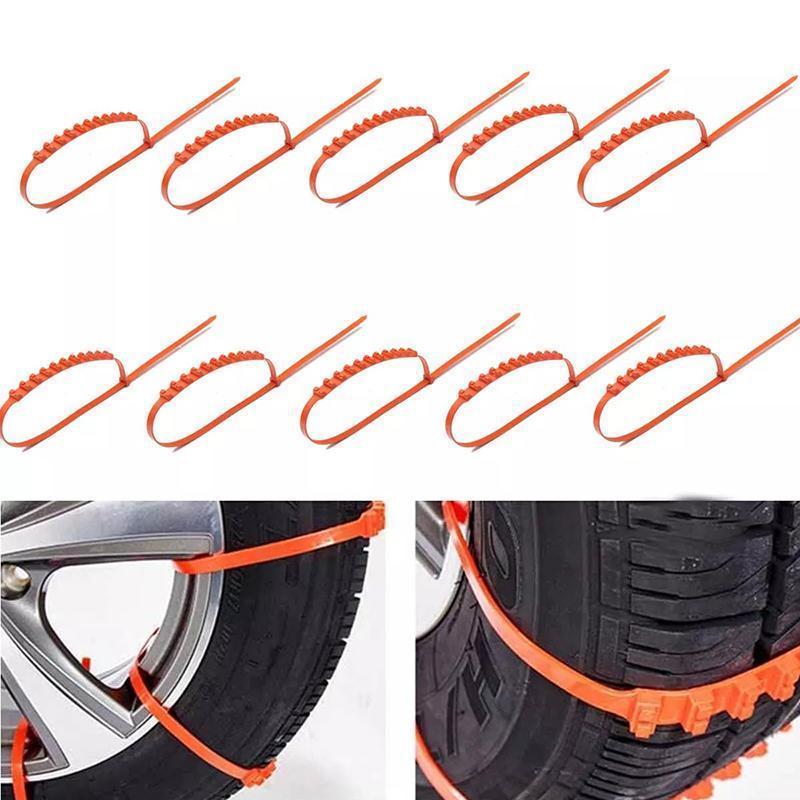 "Orange universella antisladd snökedjor för bilar i TPU, maximerar grepp på snö och is, passar däck 195-295 mm."