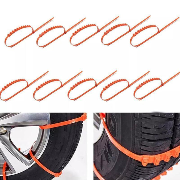 "Orange universella antisladd snökedjor för bilar i TPU, maximerar grepp på snö och is, passar däck 195-295 mm."