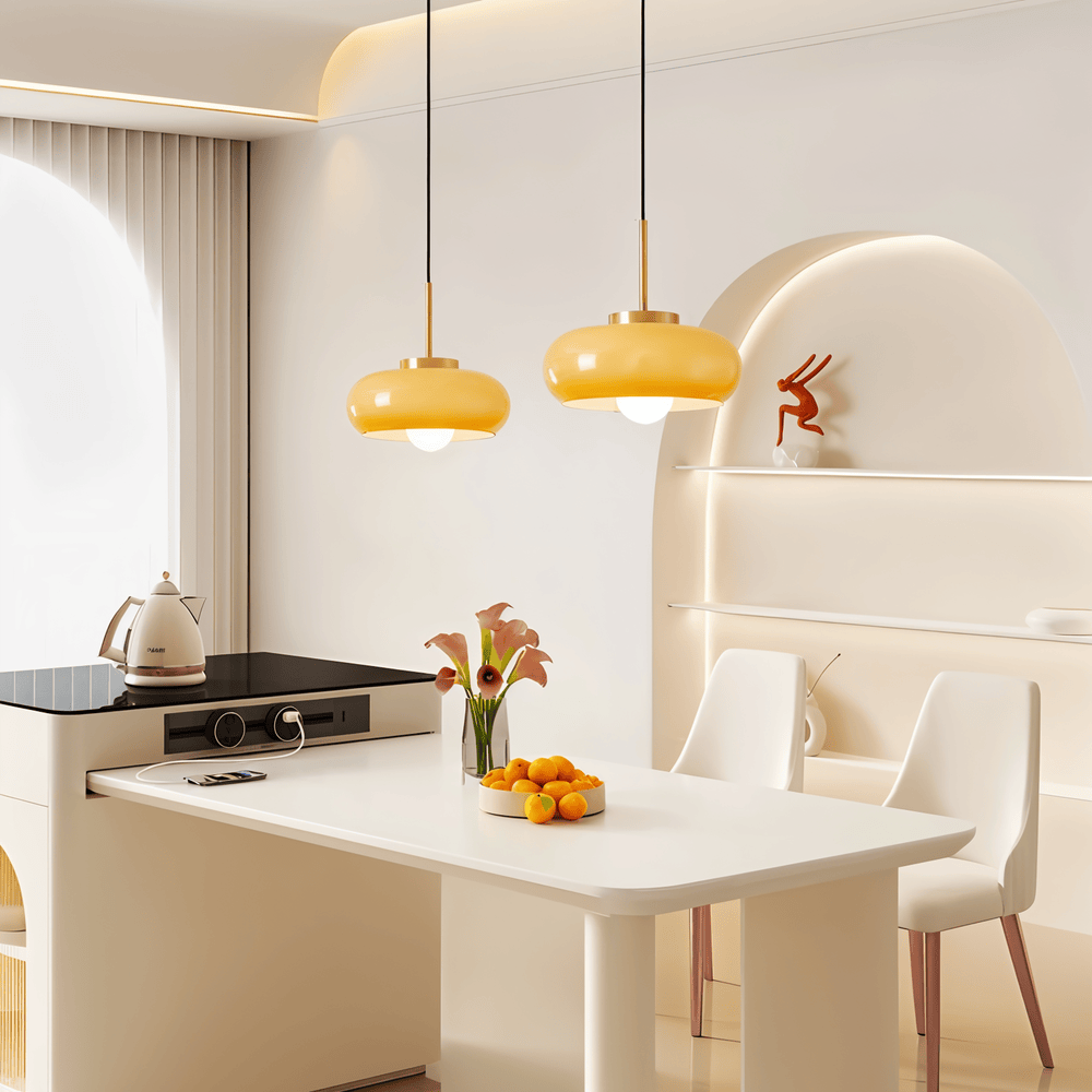 Elegant Bauhaus design taklampa, orange/vit LED. Dekorativ inomhusbelysning.