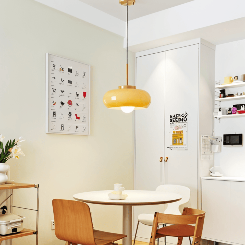 Energieffektiv retro Bauhaus pendellampa, orange & vit LED. Modern stil.