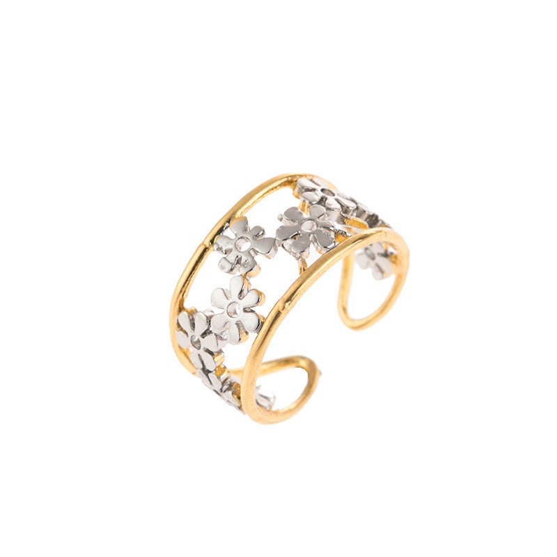 Oregelbunden ihålig tusensköna ring för kvinnor, justerbar design i legering, elegant och handgjord accessoar.