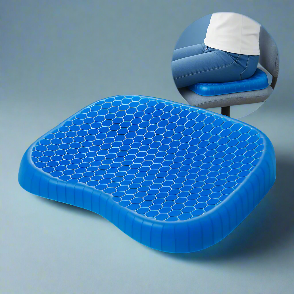 Ortopedisk gel sittkudde för ryggsmärta och svanskota. Ergonomisk tryckavlastning och sittkomfort.