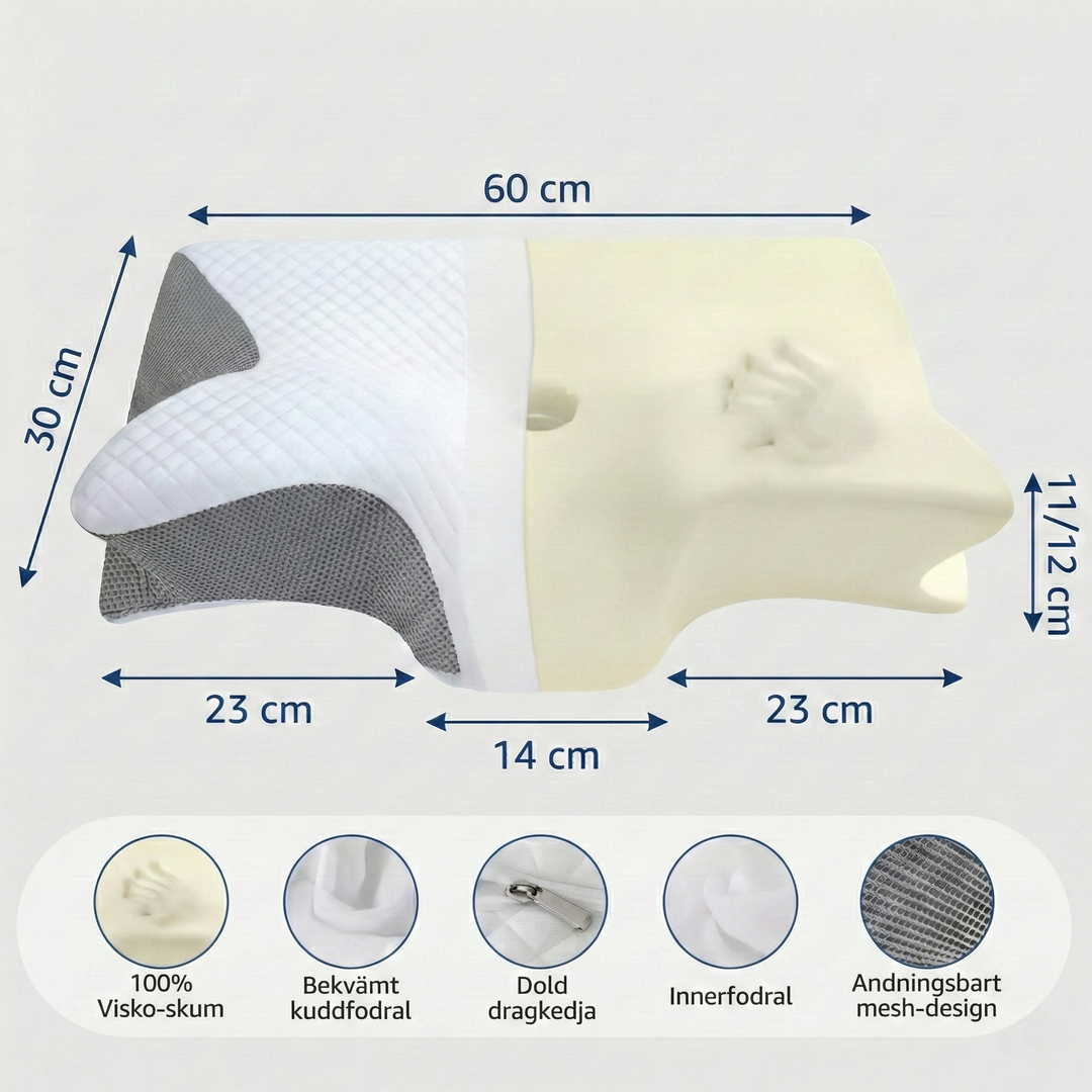 Unisex ortopedisk fjärilskudde. Ger effektivt stöd för nacken och en lugnare natts sömn.