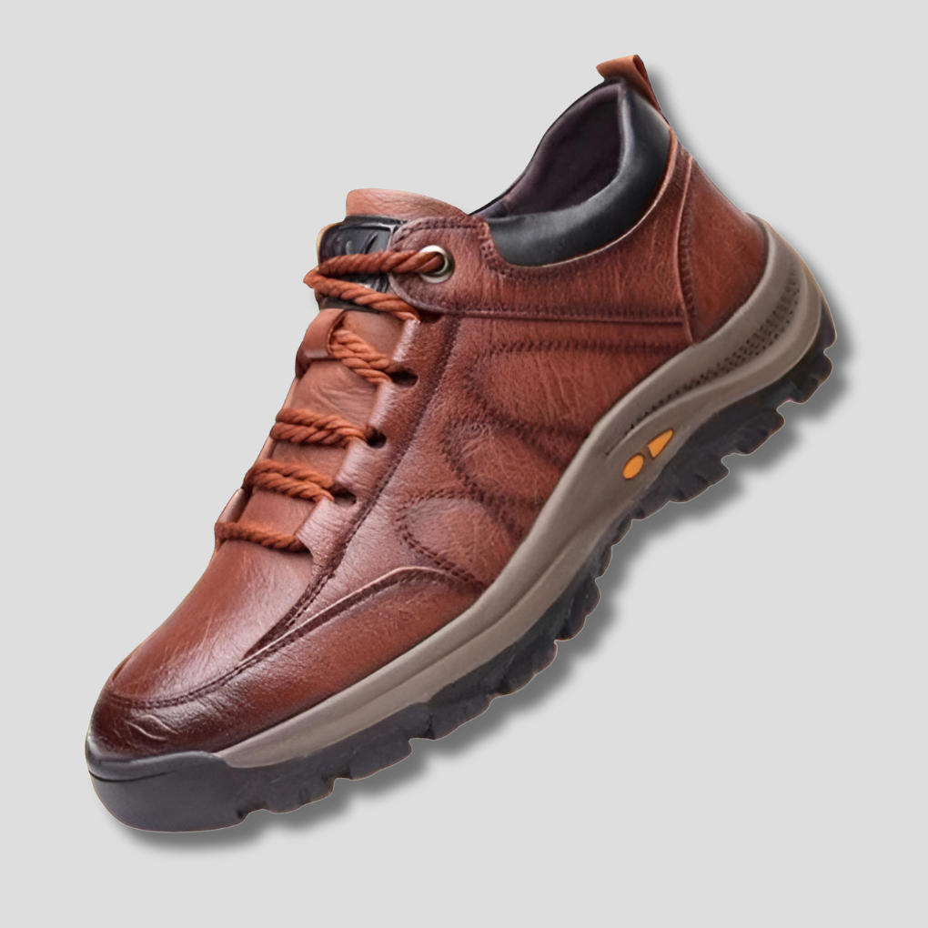 Herr ortopediska walkingskor i svart/marron, vattenavvisande slip-on. Perfekta arbetsskor med komfort och fotvård.