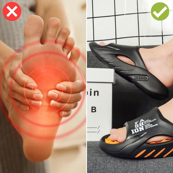 Detaljbild av massagetofflornas sula. Ergonomiska punkter ger effektiv fotmassage & ökad komfort.