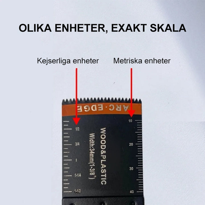 "Oscillerande verktygsblad med böjd kant för precisa snitt, i metall och rostfritt stål, perfekt för trä- och metallarbeten."