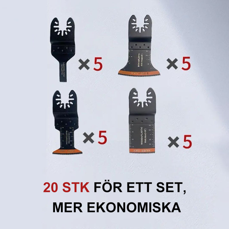 "Oscillerande verktygsblad med böjd kant för precisa snitt, i metall och rostfritt stål, perfekt för trä- och metallarbeten."