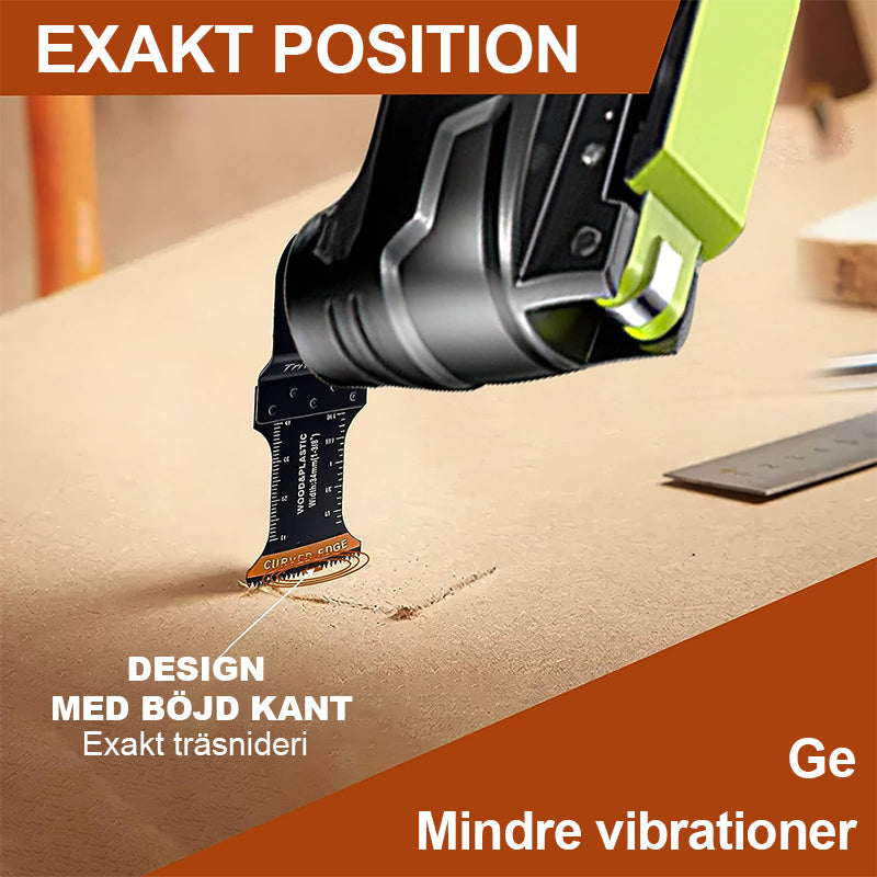 "Oscillerande verktygsblad med böjd kant för precisa snitt, i metall och rostfritt stål, perfekt för trä- och metallarbeten."