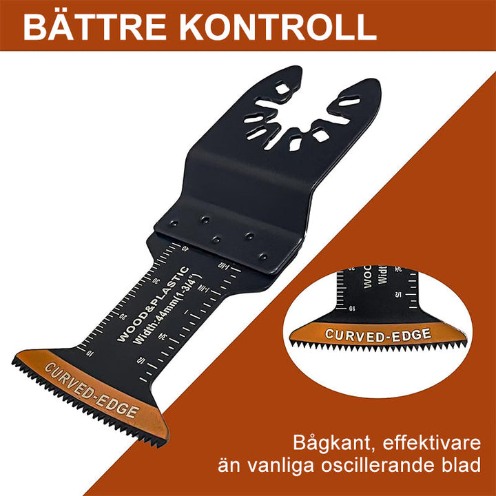 "Oscillerande verktygsblad med böjd kant för precisa snitt, i metall och rostfritt stål, perfekt för trä- och metallarbeten."