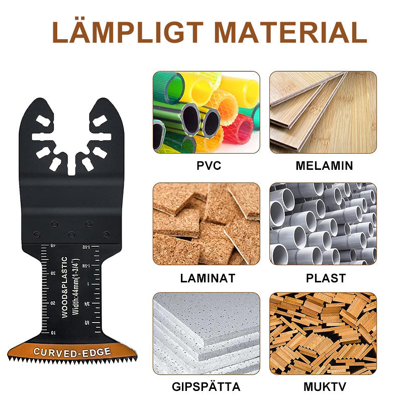 "Oscillerande verktygsblad med böjd kant för precisa snitt, i metall och rostfritt stål, perfekt för trä- och metallarbeten."