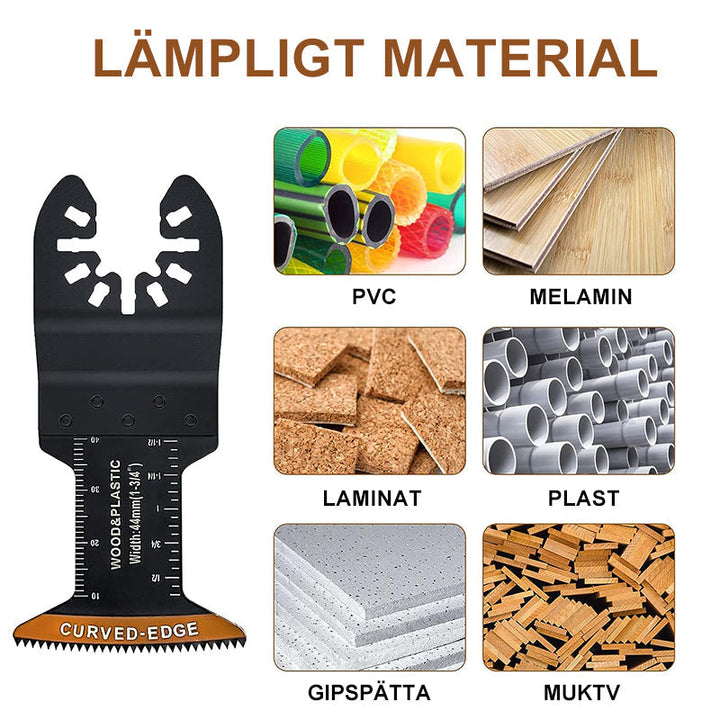 "Oscillerande verktygsblad med böjd kant för precisa snitt, i metall och rostfritt stål, perfekt för trä- och metallarbeten."