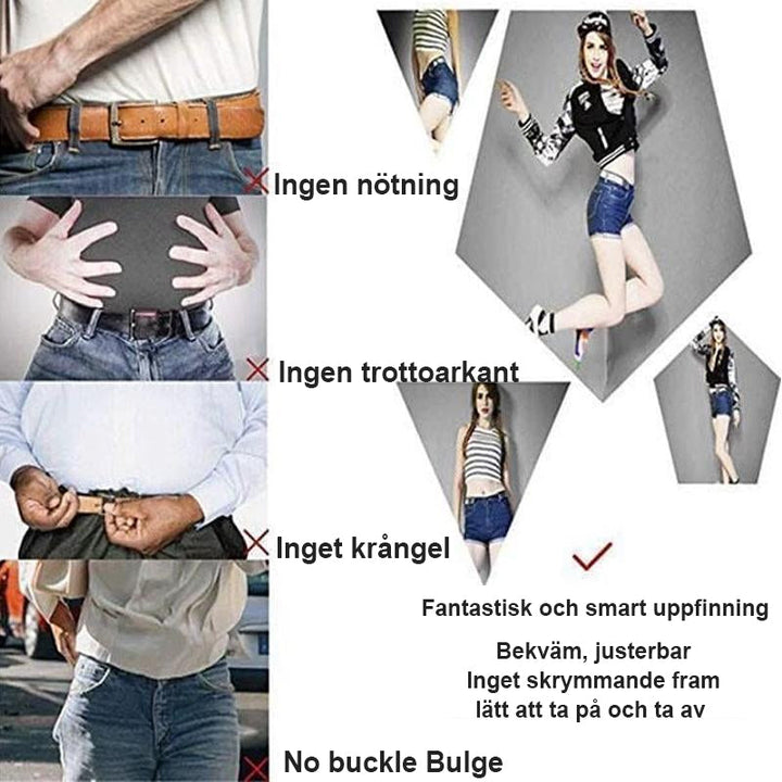 Osynligt elastiskt bälte i beige stretchmaterial, designat för diskreta klädval och komfort för kvinnor och män.