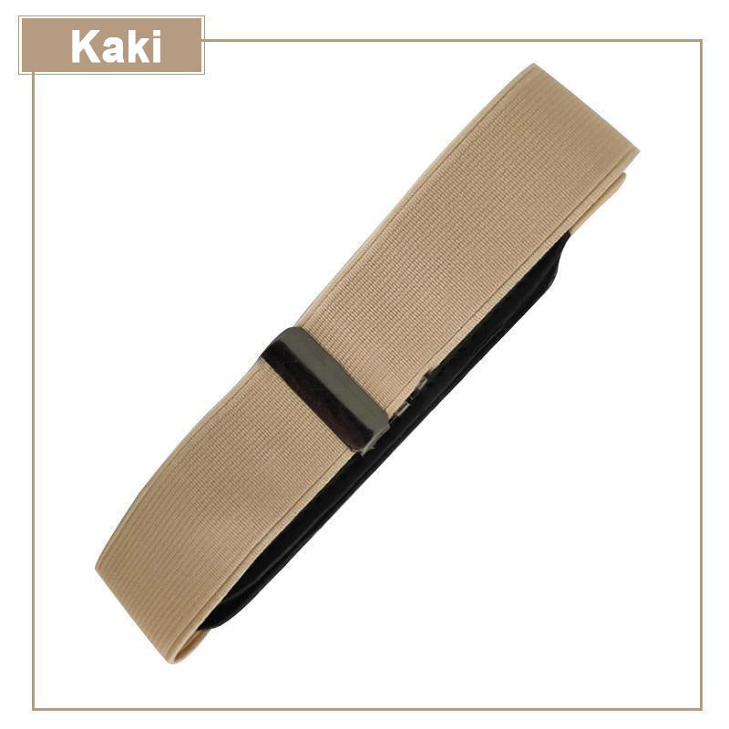 Osynligt elastiskt bälte i beige stretchmaterial, designat för diskreta klädval och komfort för kvinnor och män.