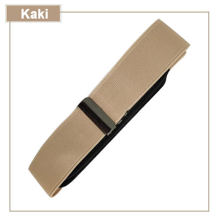 Osynligt elastiskt bälte i beige stretchmaterial, designat för diskreta klädval och komfort för kvinnor och män.