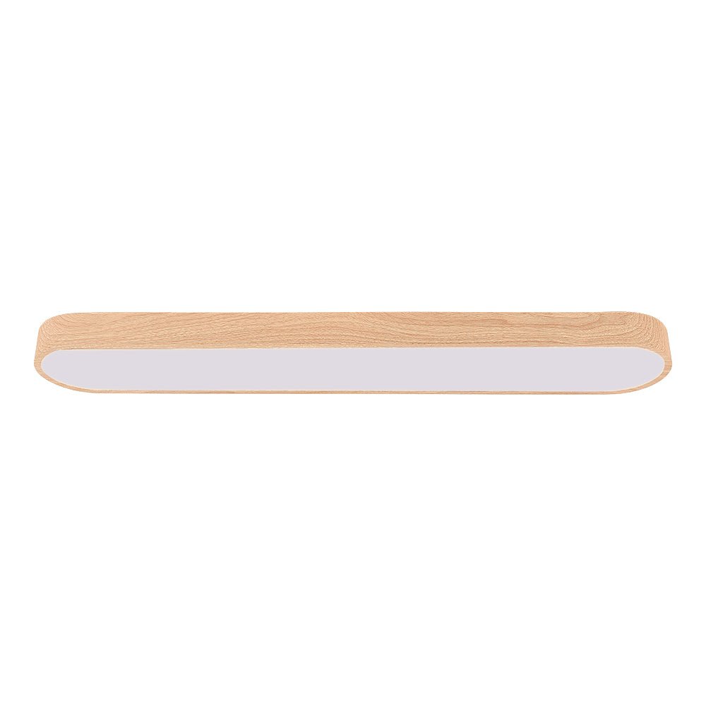 Elegant oval LED-lampa med trä för takmontering, perfekt för en skandinavisk stil.