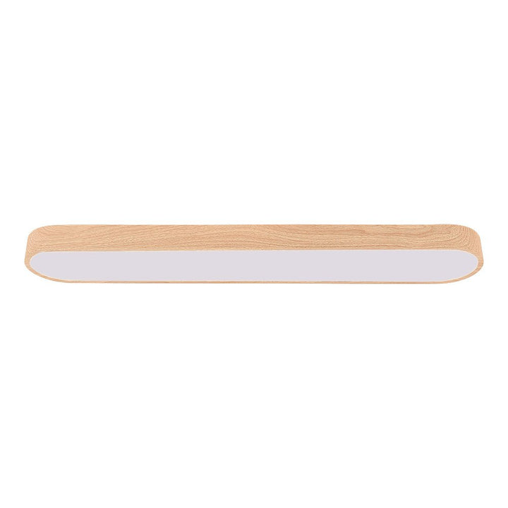Elegant oval LED-lampa med trä för takmontering, perfekt för en skandinavisk stil.