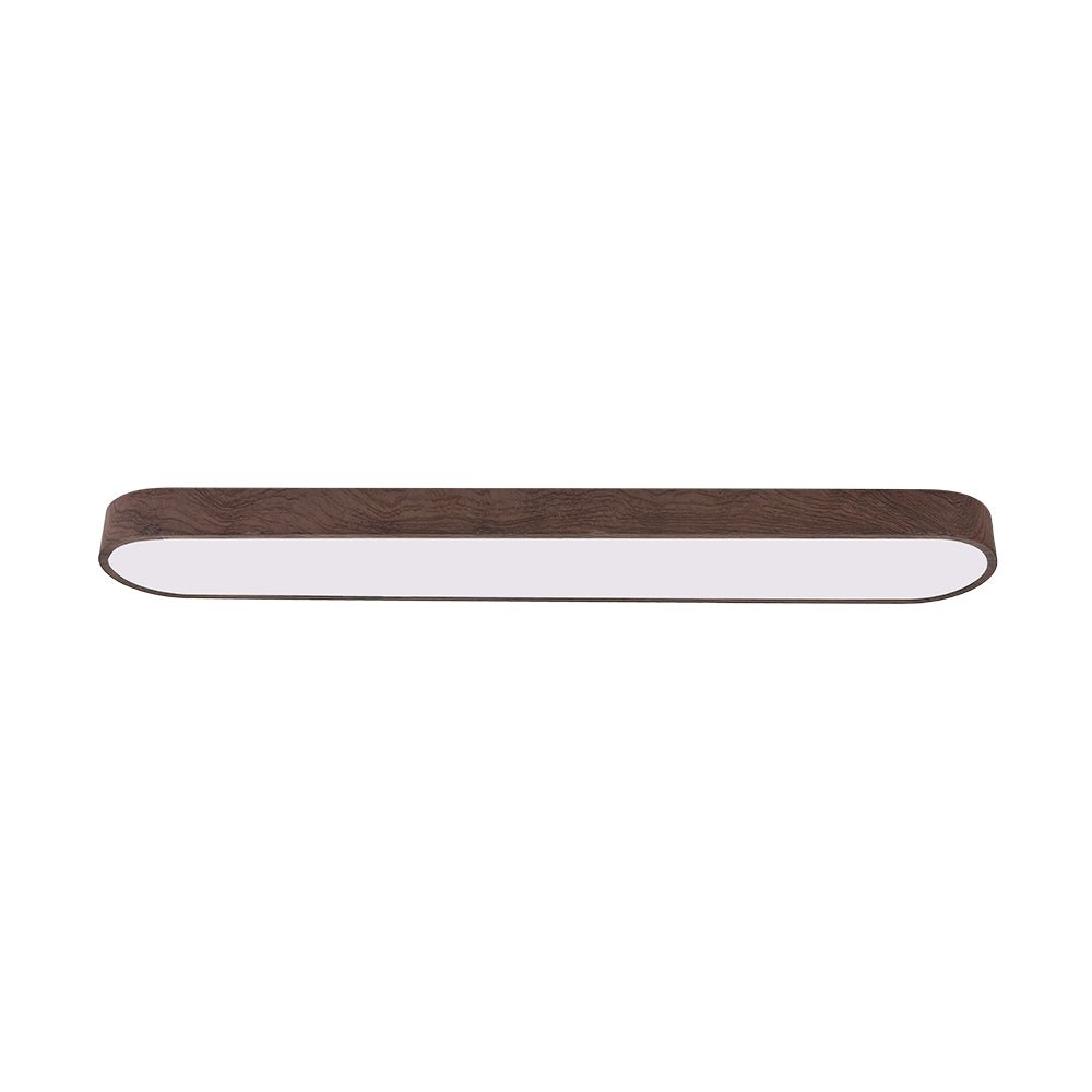 Designad oval taklampa med LED och naturlig trädetalj, passar i moderna hem.