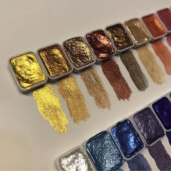 Set med 20 pärlemorskimrande vattenfärger. Fasta pigment för kreativa projekt, konst & hantverk.
