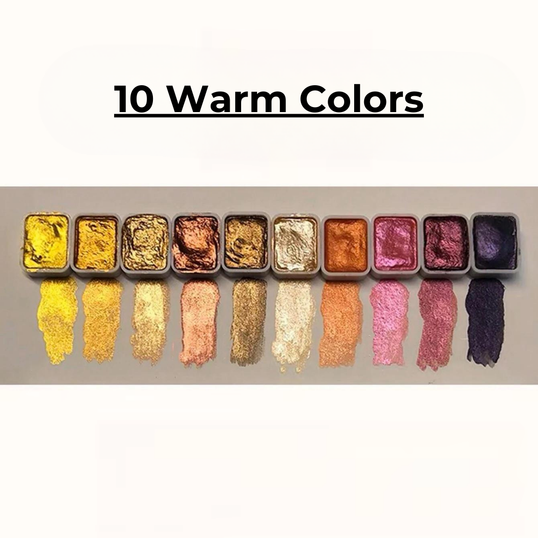 Komplett akvarellkit med pärlemoraktiga pigment, perfekt för konstnärsmaterial och målarkit.