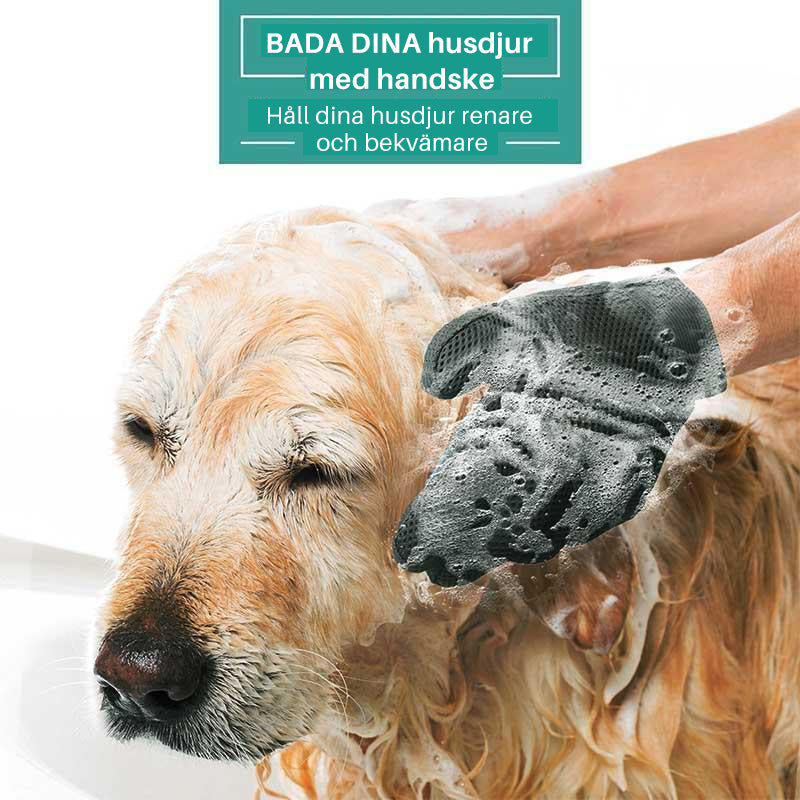 "Pälsvårdshandske med femfingersdesign för smidig pälsvård, bra grepp, löst pälshår, gummiundersida för massage."