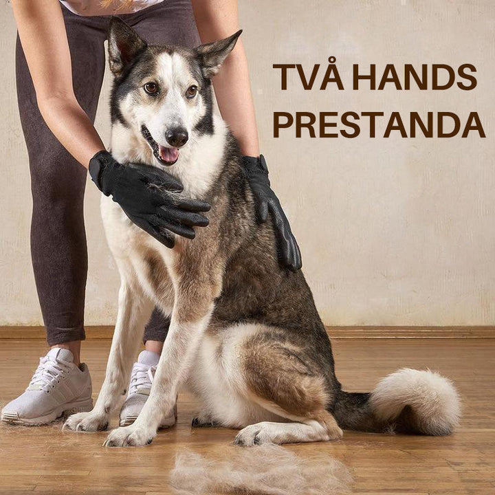 "Pälsvårdshandske med femfingersdesign för smidig pälsvård, bra grepp, löst pälshår, gummiundersida för massage."