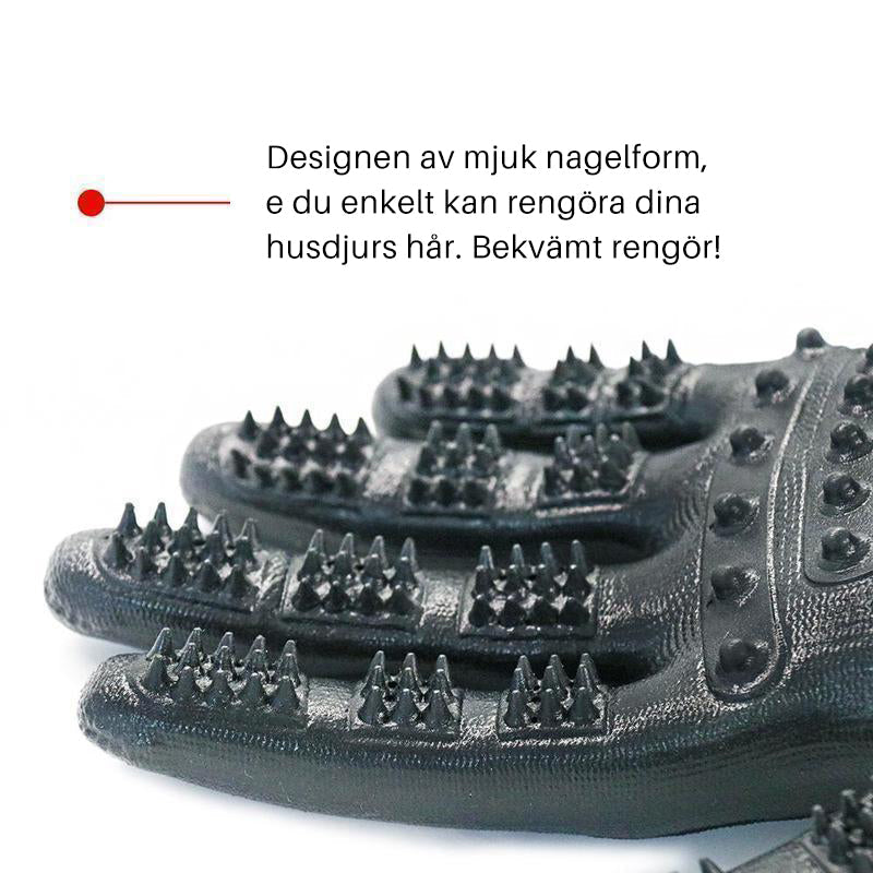 "Pälsvårdshandske med femfingersdesign för smidig pälsvård, bra grepp, löst pälshår, gummiundersida för massage."