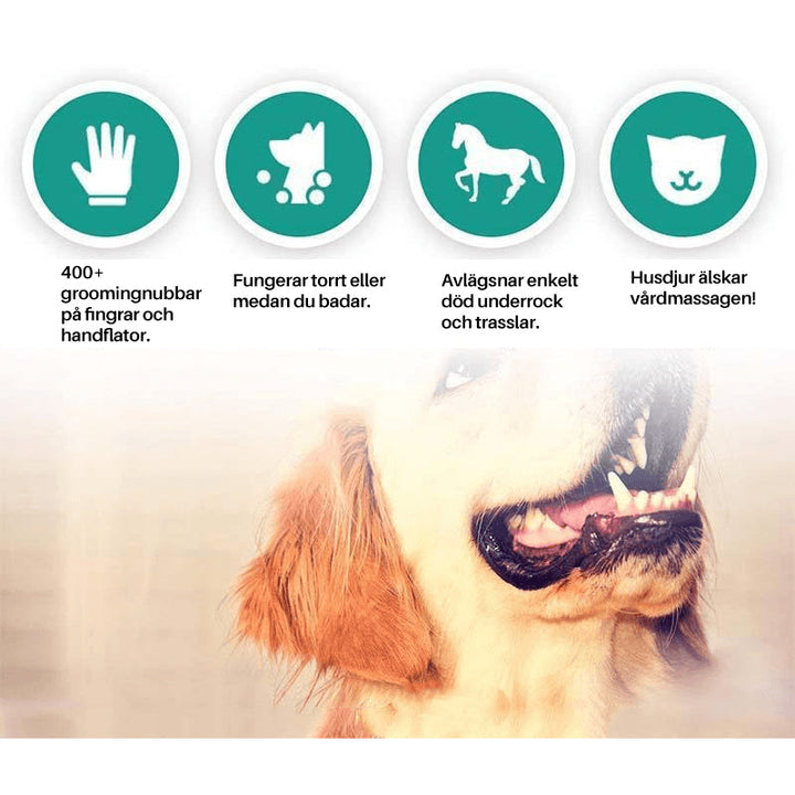 "Pälsvårdshandske med femfingersdesign för smidig pälsvård, bra grepp, löst pälshår, gummiundersida för massage."