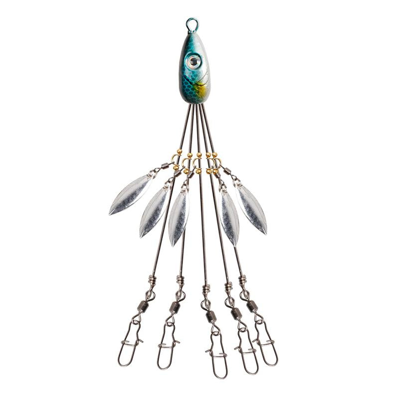 "Paraplyrigg fiskedrag med metallpaljetter och fem beten, mångsidig design för effektivt fiskeäventyr."