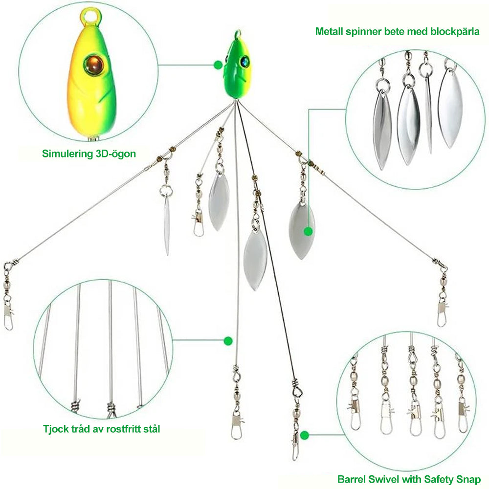 "Paraplyrigg fiskedrag med metallpaljetter och fem beten, mångsidig design för effektivt fiskeäventyr."