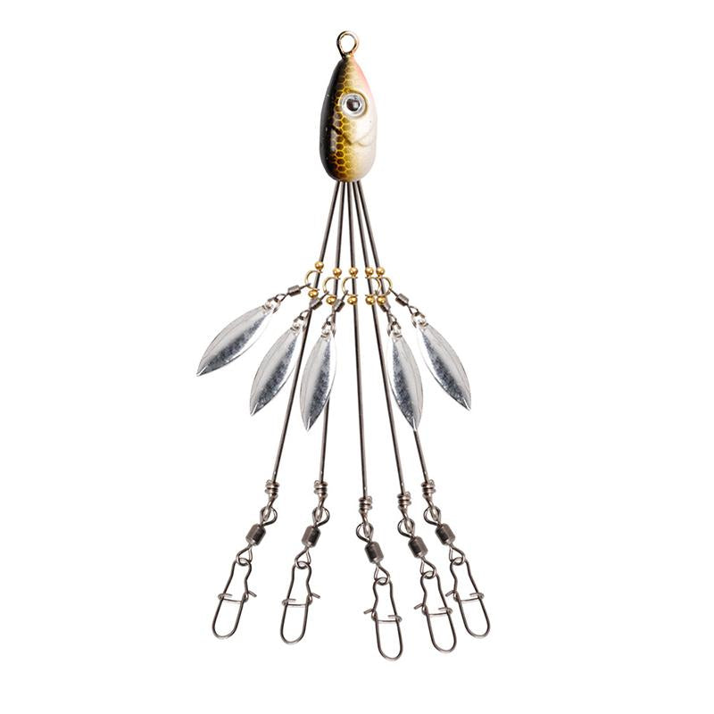 "Paraplyrigg fiskedrag med metallpaljetter och fem beten, mångsidig design för effektivt fiskeäventyr."
