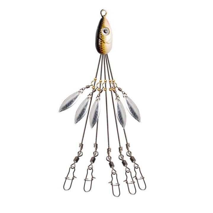 "Paraplyrigg fiskedrag med metallpaljetter och fem beten, mångsidig design för effektivt fiskeäventyr."