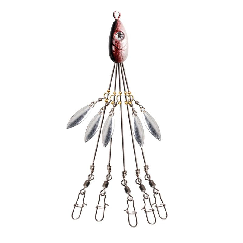 "Paraplyrigg fiskedrag med metallpaljetter och fem beten, mångsidig design för effektivt fiskeäventyr."