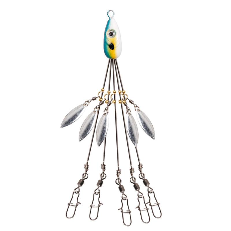 "Paraplyrigg fiskedrag med metallpaljetter och fem beten, mångsidig design för effektivt fiskeäventyr."