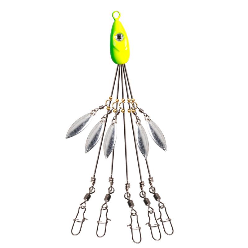 "Paraplyrigg fiskedrag med metallpaljetter och fem beten, mångsidig design för effektivt fiskeäventyr."