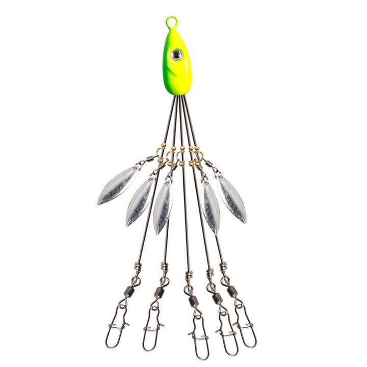 "Paraplyrigg fiskedrag med metallpaljetter och fem beten, mångsidig design för effektivt fiskeäventyr."