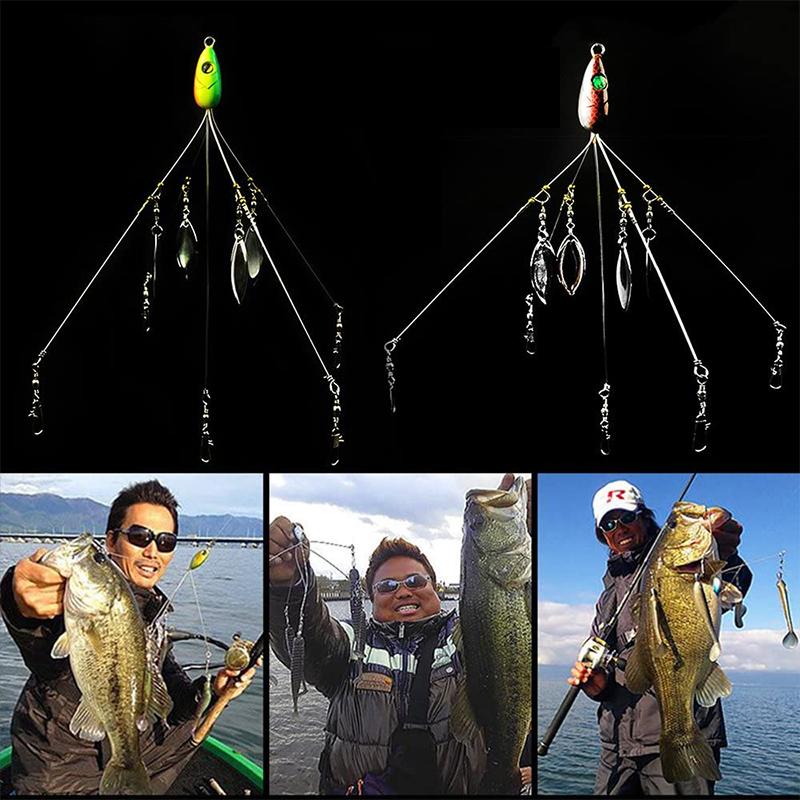 "Paraplyrigg fiskedrag med metallpaljetter och fem beten, mångsidig design för effektivt fiskeäventyr."