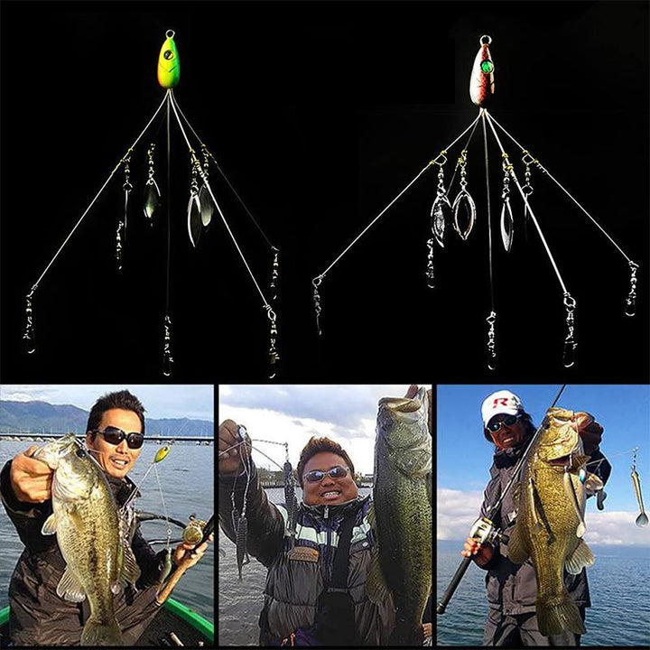 "Paraplyrigg fiskedrag med metallpaljetter och fem beten, mångsidig design för effektivt fiskeäventyr."