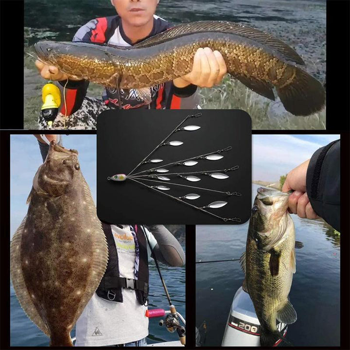 "Paraplyrigg fiskedrag med metallpaljetter och fem beten, mångsidig design för effektivt fiskeäventyr."