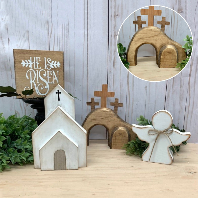 "Påskbricka set: dekorativ scen med Jesus grav i neutrala färger, featuring ängel och miniatyrkyrka för hem- och kontorsdekor