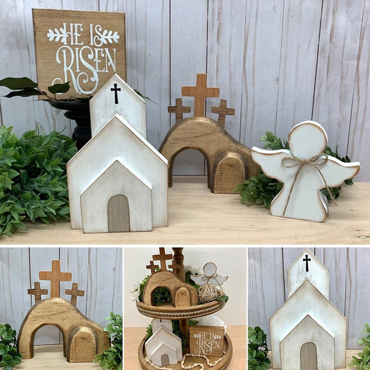 "Påskbricka set: dekorativ scen med Jesus grav i neutrala färger, featuring ängel och miniatyrkyrka för hem- och kontorsdekor