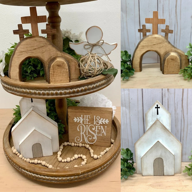 "Påskbricka set: dekorativ scen med Jesus grav i neutrala färger, featuring ängel och miniatyrkyrka för hem- och kontorsdekor